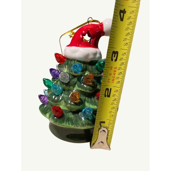 Mini Christmas Tree Ornament W/ Santa Hat Multicolor Bulbs 4." Tall Lights Up - Picture 3 of 9